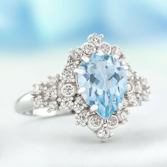 Pear Aquamarine Blue Gemstone Ring - 925 Sterling Silver Vintage Charmed Aroma - Picture 1 of 3